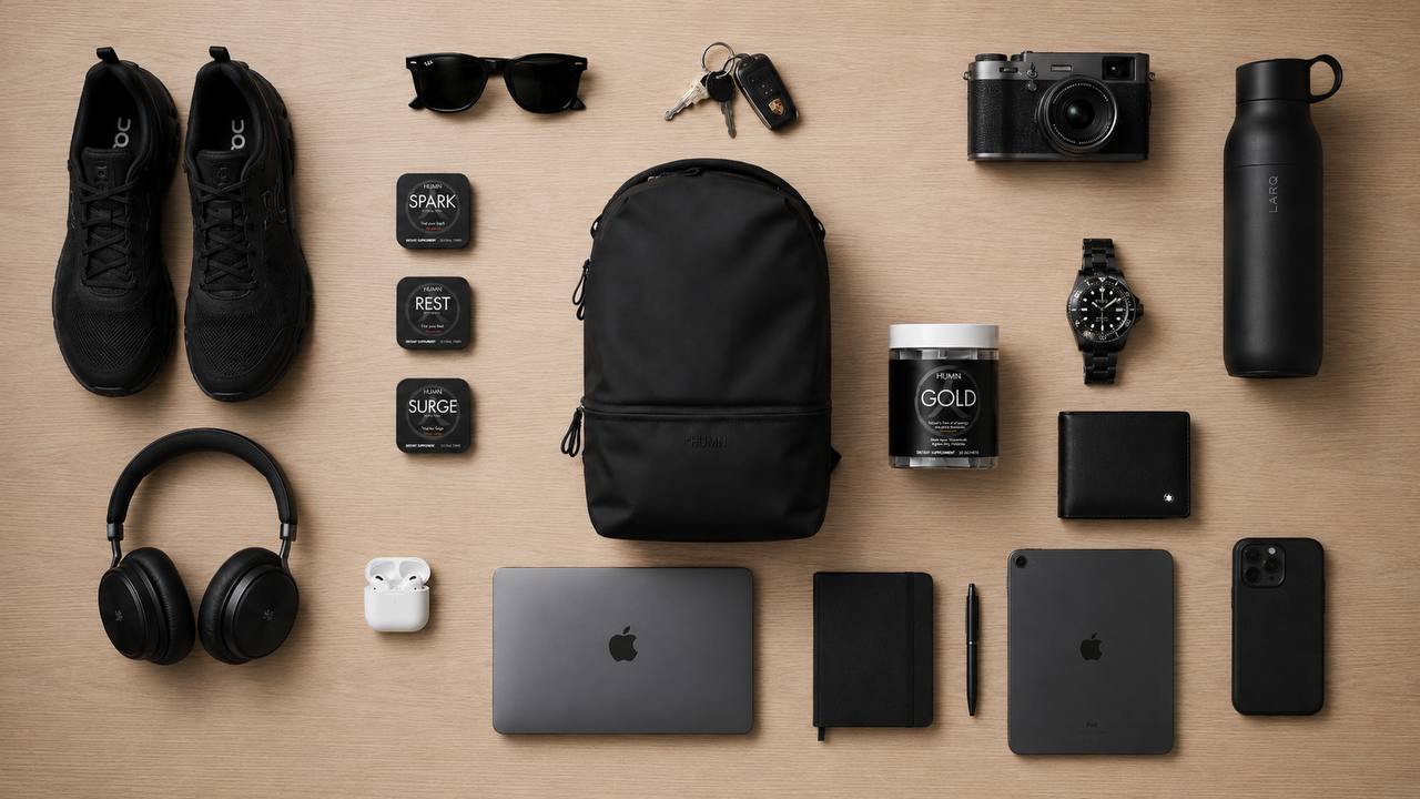 HUMN everyday carry flat lay with backpack, GOLD, SPARK, SURGE, REST, and daily essentials