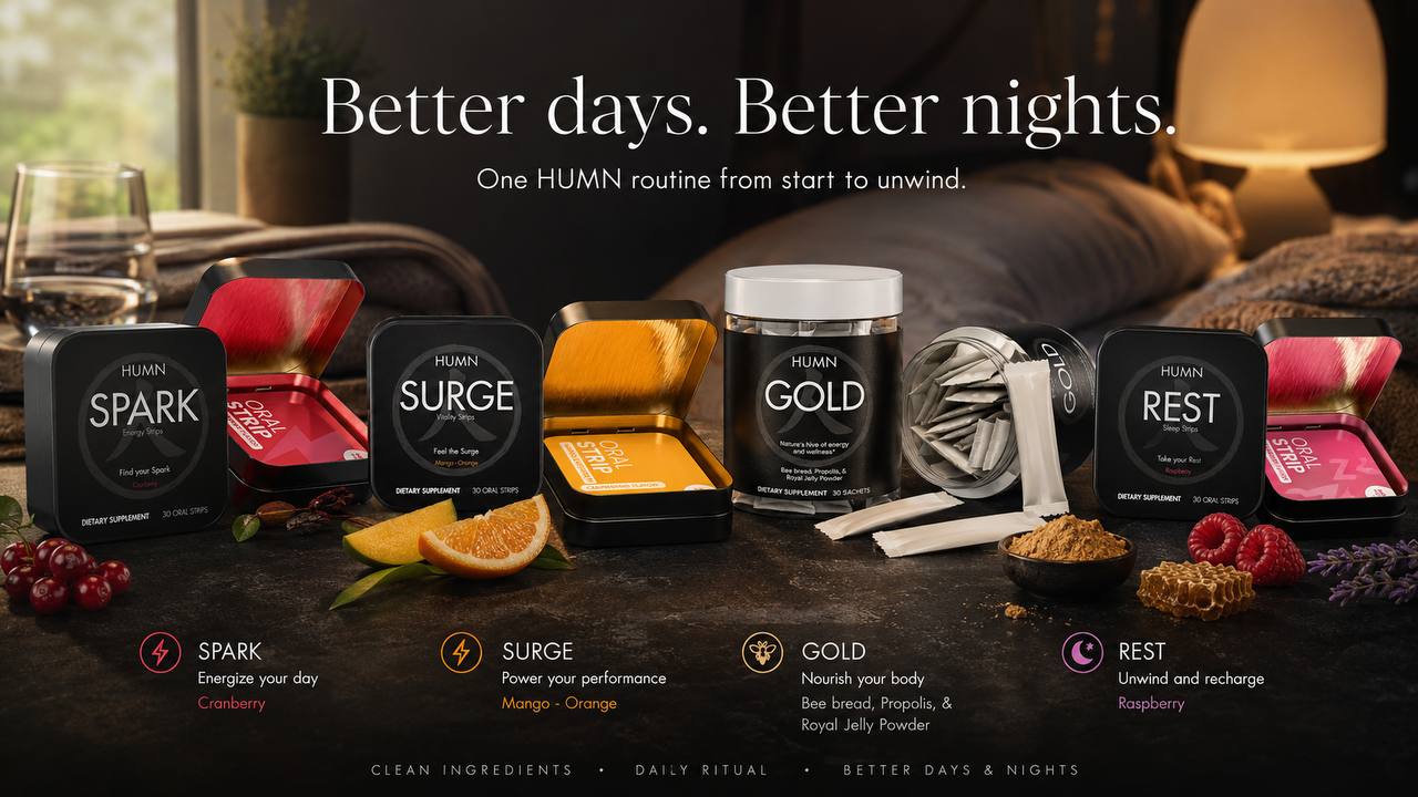 HUMN product stack with Better days Better nights campaign line